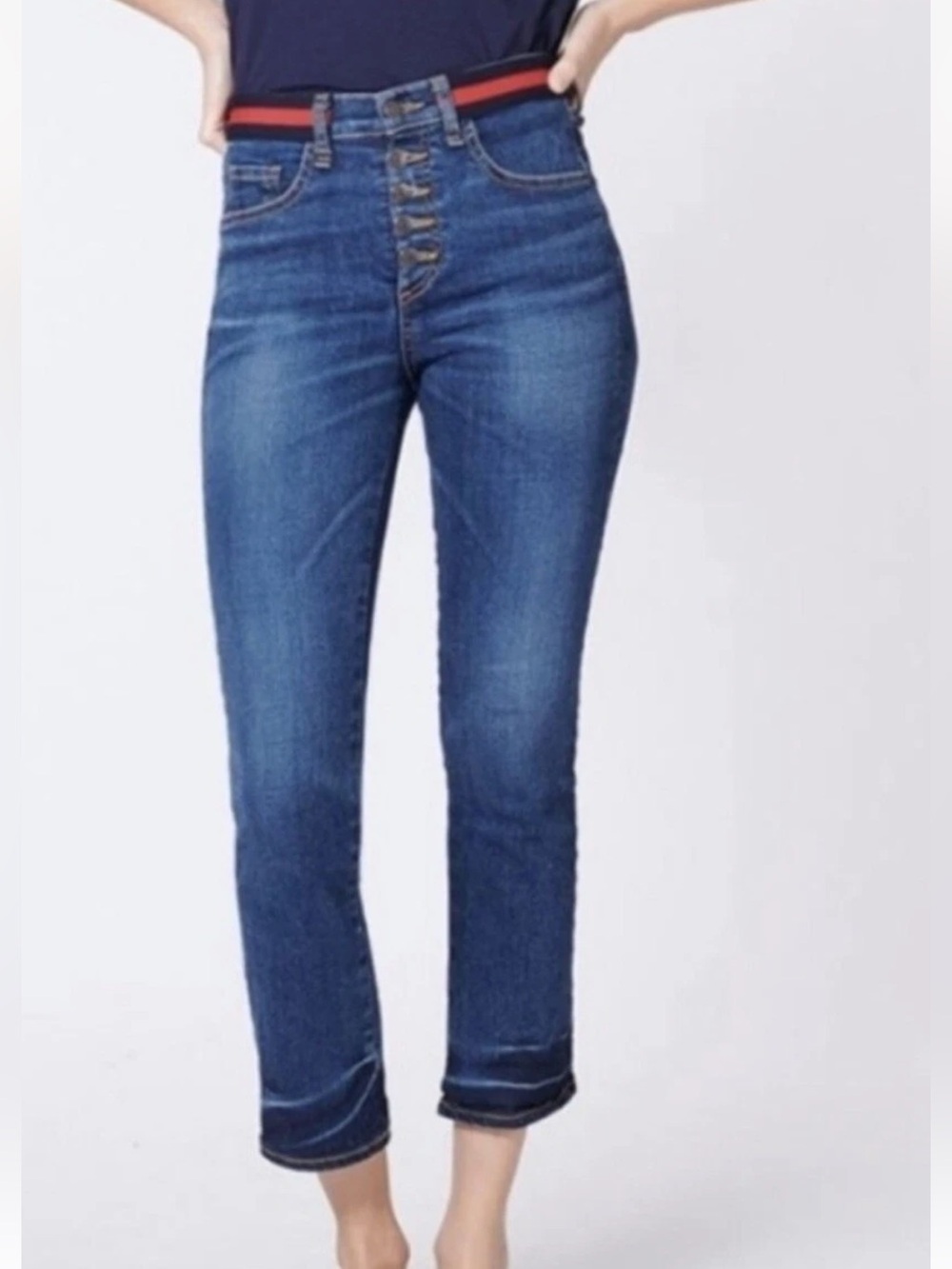 Veronica Beard Carolyn 10” Baby Boot Button Fly Stripe Waistband Jeans Size 26